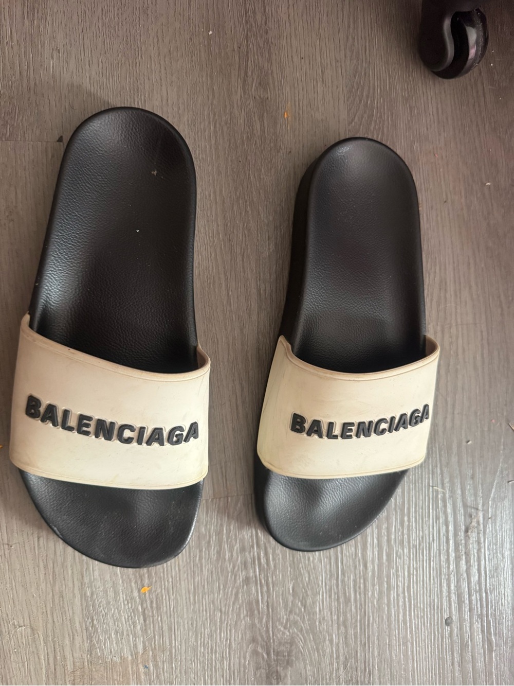 Balenciaga Black & Cream Logo Slide Sandals